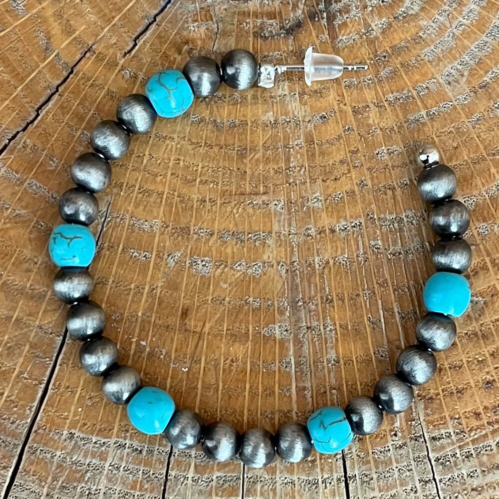 Navajo Style Pearl and Turquoise Hoop Earrings - Picture 2 of 2